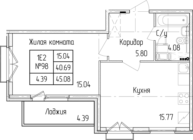 1-комнатная квартира 40.69 м², 4/4 эт., ЖК «Любоград в Стрельне»
